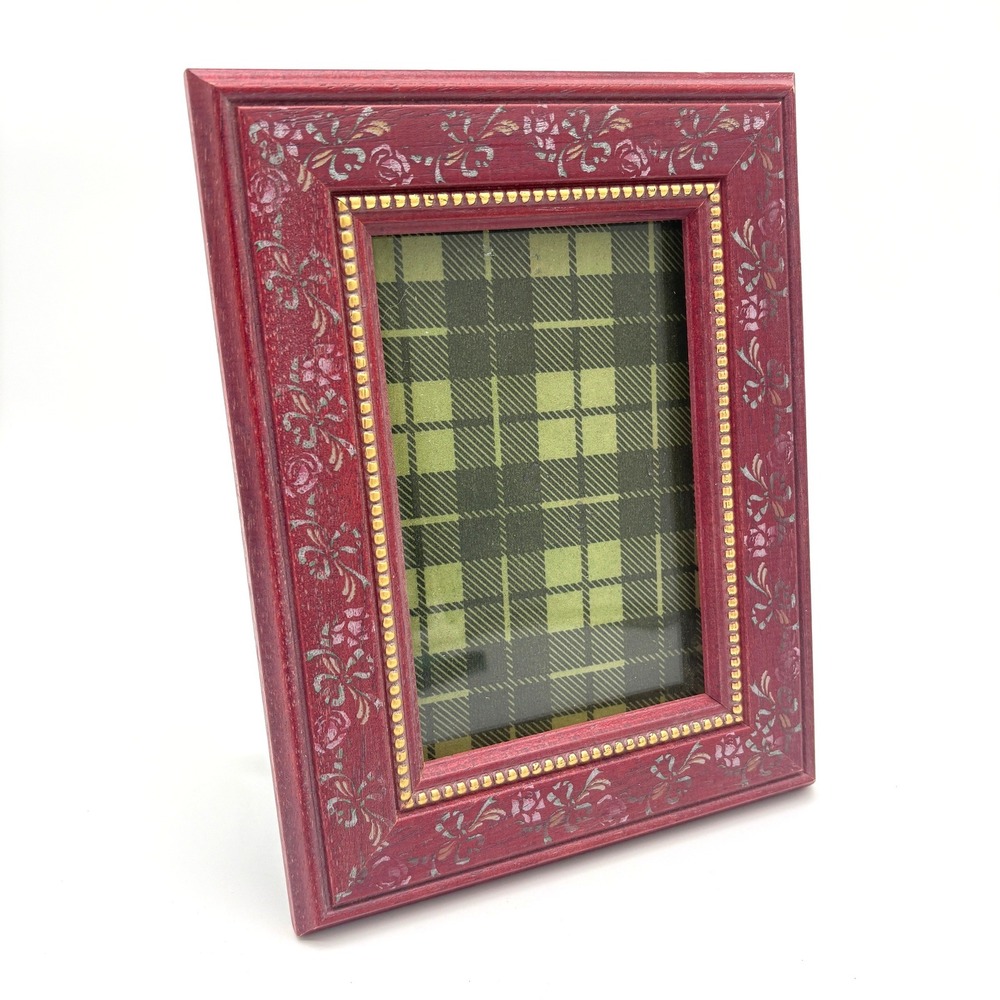 Vintage Burgundy Distressed Floral Wood Photo Frame Gold Beaded 4x6 Decor